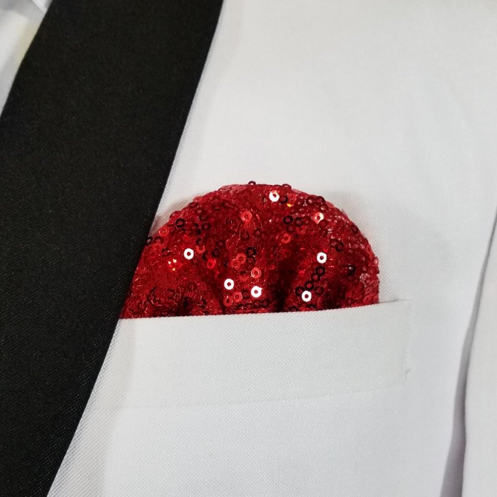 New! Men's Red Sequin Pre-Folded Pocket Square Insert
